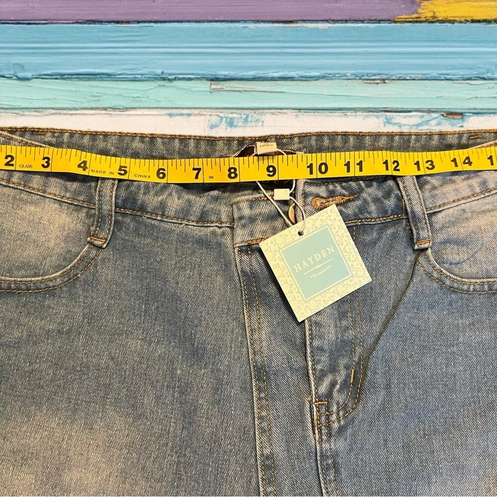 Hayden Denim Mini Skirt Distressed Raw Hem Light Wash Size L NWT - Picture 2 of 6
